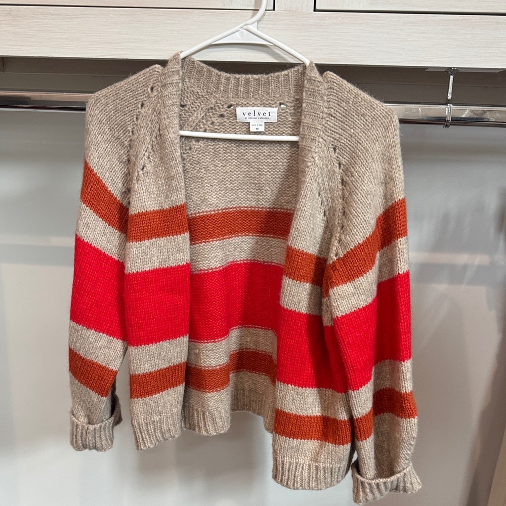 Velvet Open-Front Striped Cardigan in Beige, Red & Orange